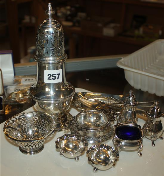Silver sugar caster, silver bonbon dish, pair of silver salts and spoons and 8 items of plated ware